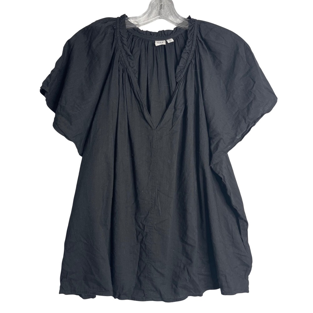 Gap‎ Zen Neck Flutter Sleeve Top Womens XL Black Preppy Boho Lightweight